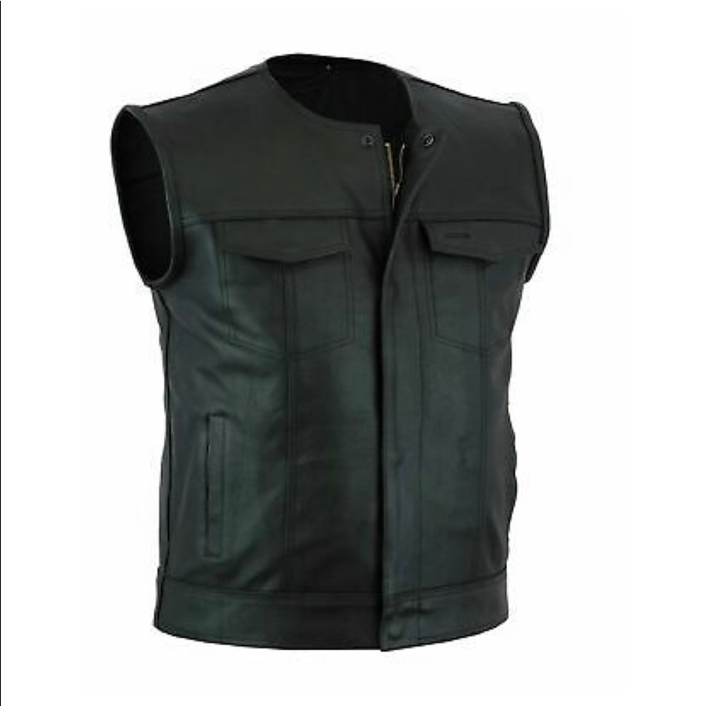 Mens Motorcycle Collarless Leather Club Vest Solid Black Concealed Carry Pockets